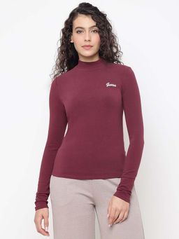 Guess - Alba Grape Violet Solid High Neck Regular Fit T-Shirt