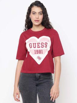 Guess - Monica Mid Organic Stream Tahiti Red Heart-Shape Shield Round Neck Boxy Fit T-Shirt