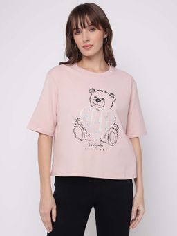 Guess - Womens Pink Embellished Short Sleeves T-Shirt