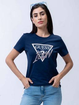 Guess - Womens Navy Blue Cotton Logo Regular Fit Half Sleeves T-Shirt