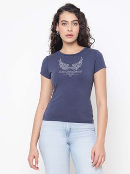 Guess - Studded Wings Eco Stretch Blue Nights Multi Rhinestone Regular Fit T-Shirt