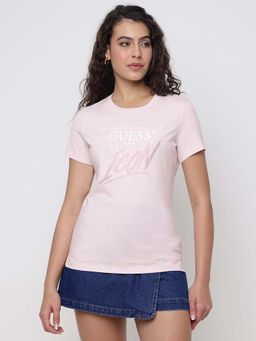 Guess - Mid Organic Stream Low Key Pink Brand Logo and Rhinestone Slim Fit T-Shirt