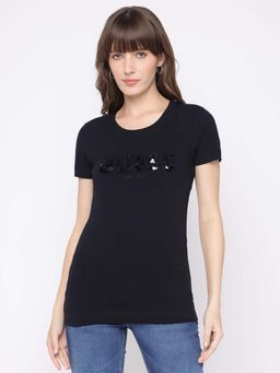 Guess - Womens Black Embellished Short Sleeves T-Shirt