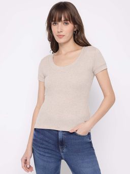 Guess - Womens Beige Solid Scoop Neck Short Sleeves T-Shirt