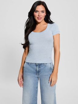 Guess - Womens Blue Solid Scoop Neck Short Sleeves T-Shirt