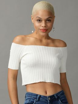 SHOWOFFFF - Womens Off Shoulder Fitted Self Design White Crop Top