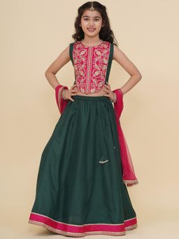 BITIYA BY BHAMA - Girls Ethnic Green Floral Blouse with Lehenga and Dupatta
