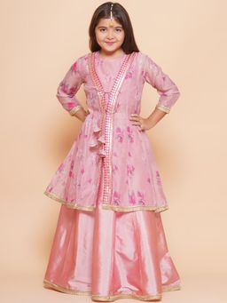 BITIYA BY BHAMA - Girls Ethnic Pink Floral Blouse with Jacket and Lehenga