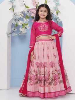 BITIYA BY BHAMA - Girls Ethnic Pink Floral Blouse with Lehenga and Dupatta