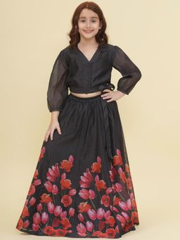 BITIYA BY BHAMA - Girls Ethnic Black Floral Blouse and Lehenga