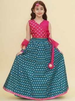 BITIYA BY BHAMA - Girls Ethnic Turquoise Embroidered Blouse and Lehenga