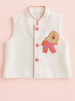 Tiny Pants - White Embroidered Nehru Jacket