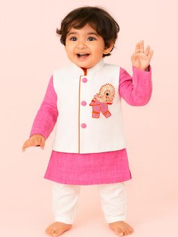 Tiny Pants - Pink Solid Kurta with Nehru Jacket and Pyjama