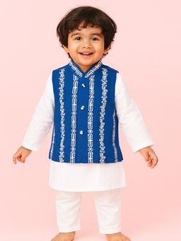 Tiny Pants - Blue Solid Kurta with Nehru Jacket and Pyjama