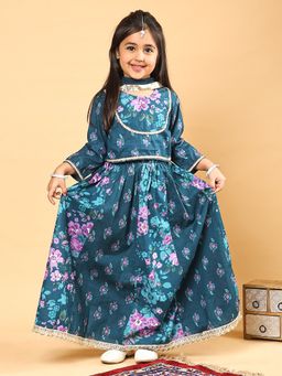 Superminis - Teal Girls Festive Cotton Printed Lehenga with Choli and Dupatta