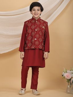Superminis - Maroon Boys Festive Kurta with Pant and Printed Nehru Jacket