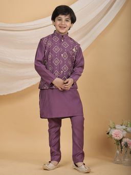 Superminis - Purple Boys Festive Kurta with Pant and Printed Nehru Jacket