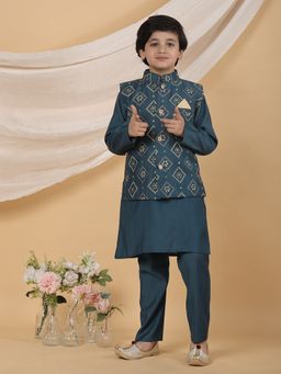 Superminis - Teal Boys Festive Kurta with Pant and Printed Nehru Jacket