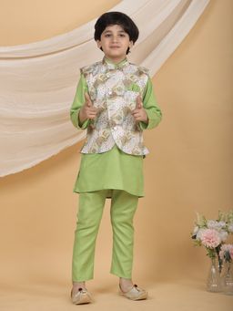 Superminis - Green Boys Festive Kurta with Pant and Printed Nehru Jacket