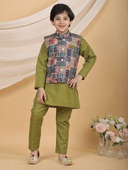 Superminis - Olive Boys Festive Kurta with Pant and Printed Nehru Jacket