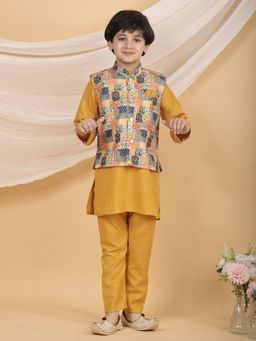 Superminis - Mustard Boys Festive Kurta with Pant and Printed Nehru Jacket