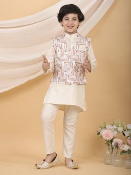 Superminis - Off White Boys Festive Kurta with Pant and Printed Nehru Jacket