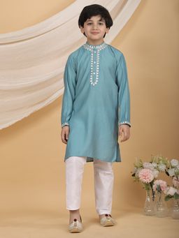Superminis - Blue Boys Ethnic Silk Blend Embroidered Kurta with Pant