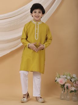 Superminis - Yellow Boys Ethnic Silk Blend Embroidered Kurta with Pant