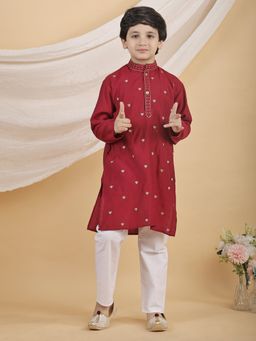 Superminis - Maroon Boys Ethnic Silk Blend Embroidered Kurta with Pant