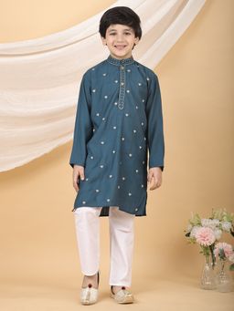 Superminis - Navy Blue Boys Ethnic Silk Blend Embroidered Kurta with Pant
