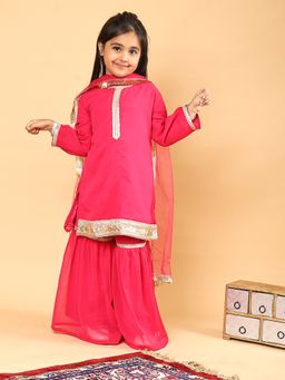 Superminis - Pink Girls Ethnic Georgette Kurta with Sharara and Dupatta