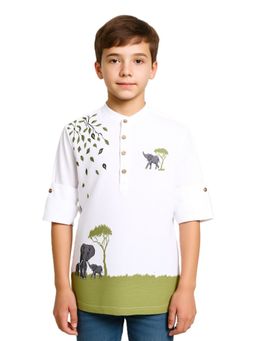 CHARCHIT - White Boys Nature-Inspired Placement Print Mandarin Collar Shirt