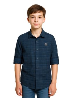 CHARCHIT - Navy Blue Boys Textured Check Casual Shirt