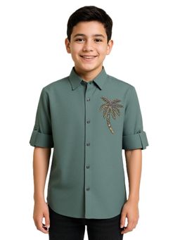 CHARCHIT - Green Boys Full Sleeves Sequined Shirt