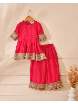 Little Panda - Girl's Bright Pink Festive Kurta and Palazzo