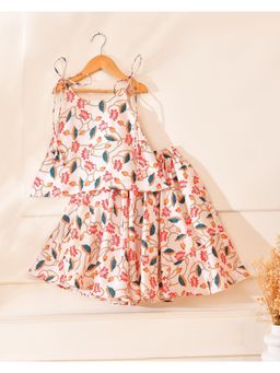 Little Panda - Girl's Kamal White Lotus Print Lehenga with Choli