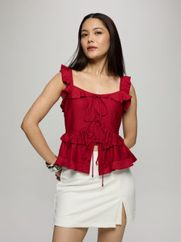 Twenty Dresses by Nykaa Fashion - Red Square Neck Cut And Sew Ruffled Frill Peplum Top