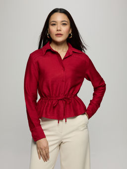 Twenty Dresses by Nykaa Fashion - Red Collared Cinched Waist with Tie Up Shirt