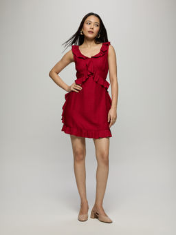 Twenty Dresses by Nykaa Fashion - Red Scoop Neck Sleeveless Smocked Ruffled Mini Dress