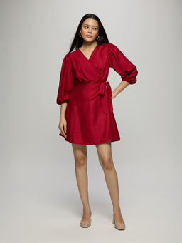Twenty Dresses by Nykaa Fashion - Red Solid V Neck Wrapped Tie Up Mini Dress