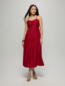 Twenty Dresses by Nykaa Fashion - Red Strappy Centre Front Ruching Fit And Flare Midi Dress
