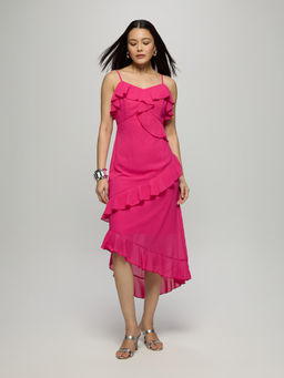 Twenty Dresses by Nykaa Fashion - Pink Strappy Ruffled Neck Asymmetrical Hem Midi Dress