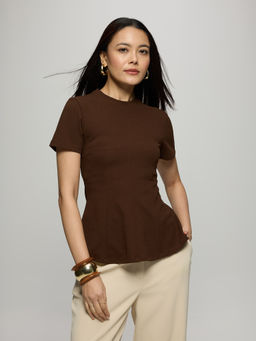Twenty Dresses by Nykaa Fashion - Brown Round Neck Short Sleeves Panelled Top