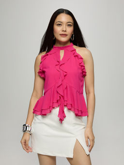 Twenty Dresses by Nykaa Fashion - Pink Keyhole Back Tie Up Incut Neck Ruffled Peplum Top