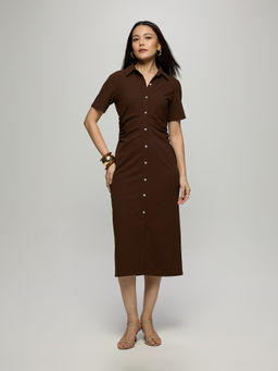 Twenty Dresses by Nykaa Fashion - Brown Button Down Side Ruched Midi Shirt Dress