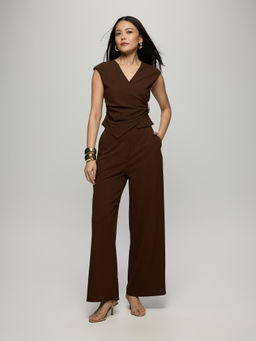 Twenty Dresses by Nykaa Fashion - Brown Wrap Top With Wide Leg Pants Co Ord Set