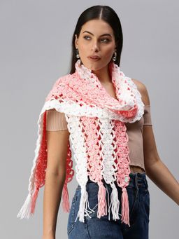 Magic Needles - Women White Pink Striped Handmade Scarf