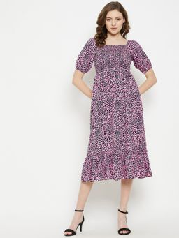 Uptownie - Women Crepe Printed Smocked Midi Dress - Pink