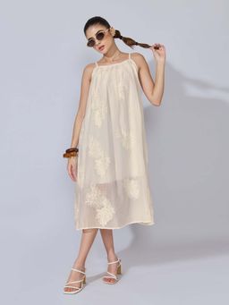 SHOWOFFFF - Women Cream Cotton Blend Embroidered A-Line Dress