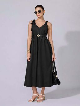 SHOWOFFFF - Women Black Nylon Solid A-Line Dress with Belt